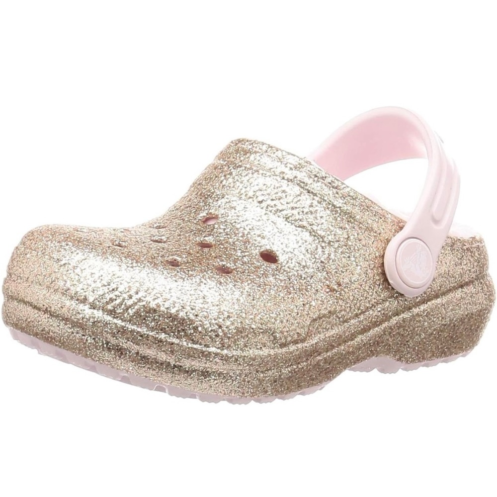 Kid’s fuzzy crocs Gold/glitter multiple sizes